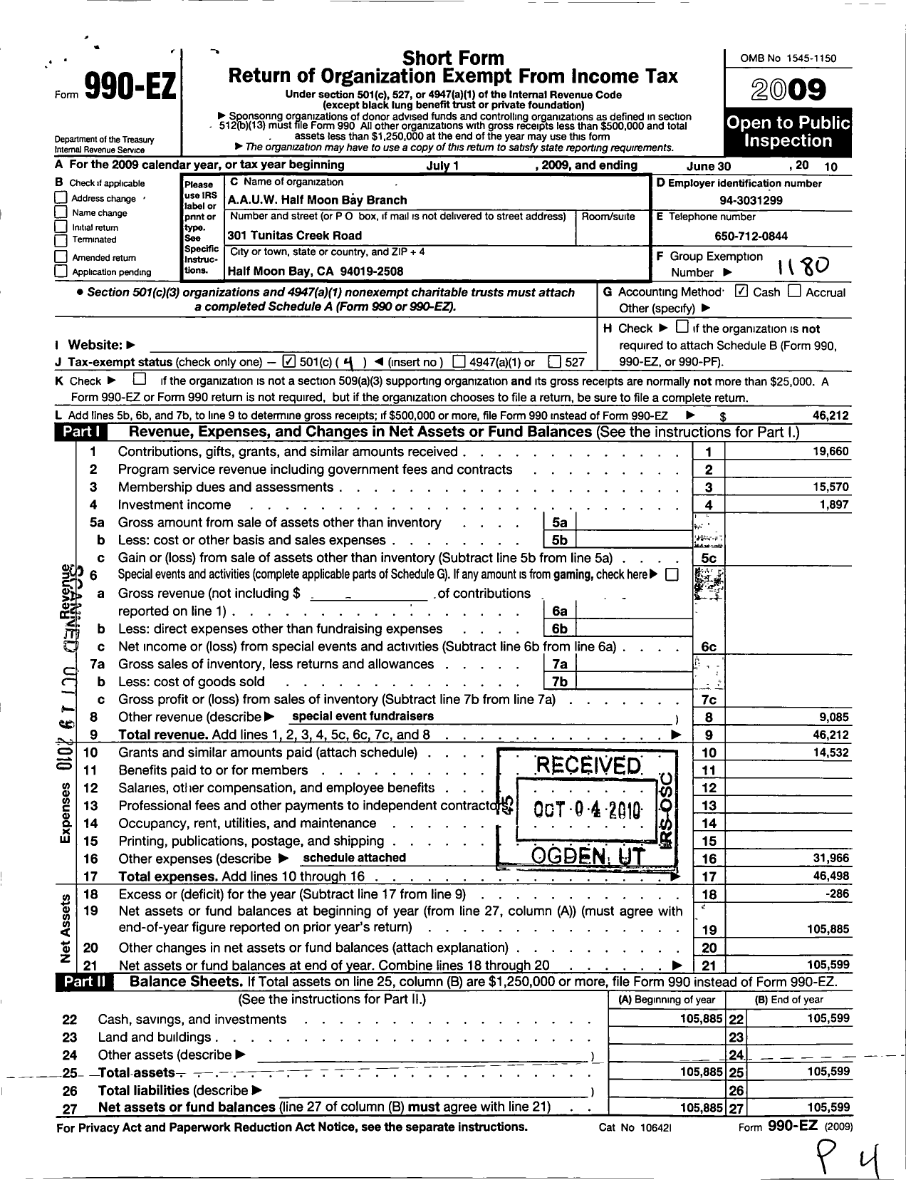 Image of first page of 2009 Form 990EO for Half Moon Bay Branch of Aauw