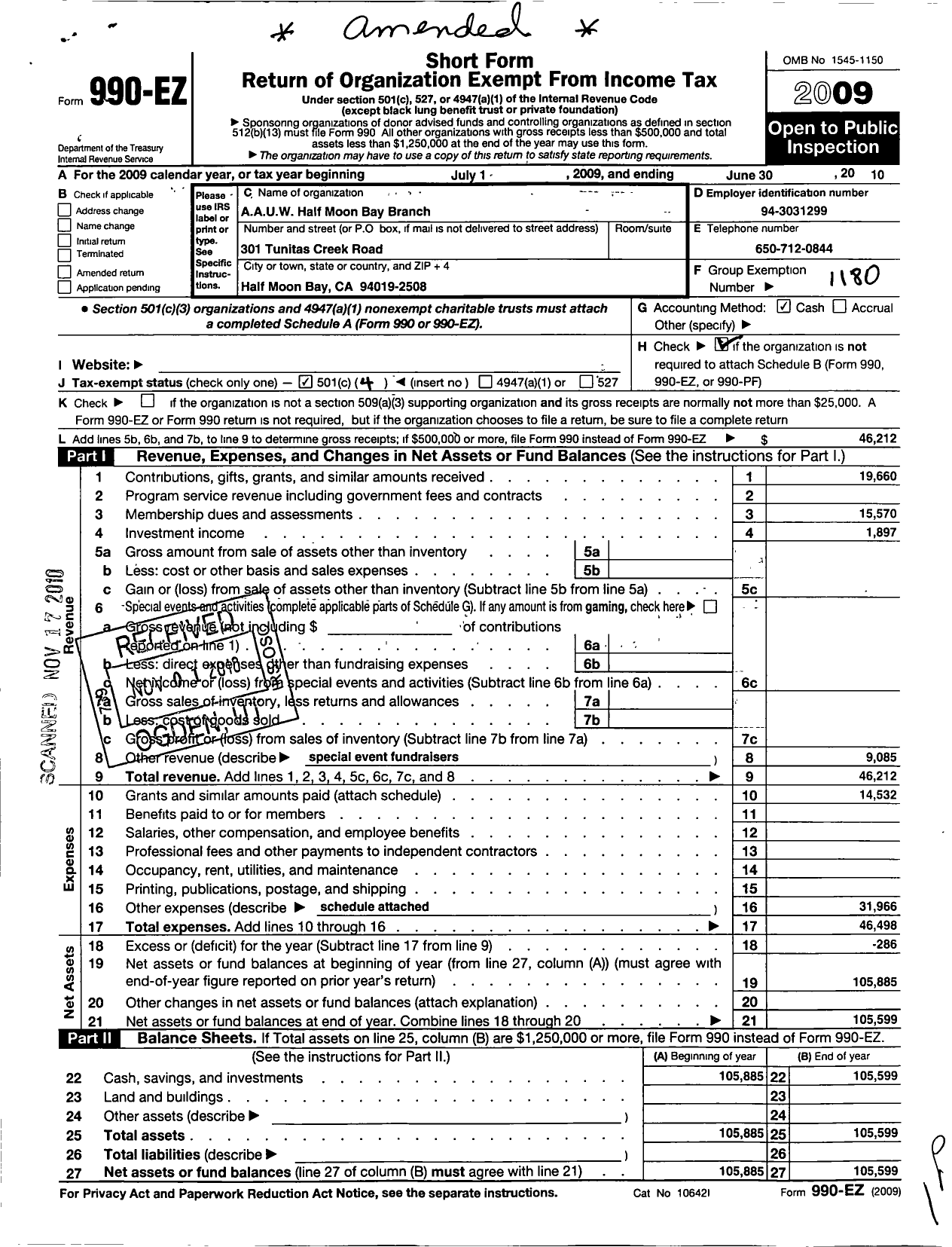 Image of first page of 2009 Form 990EO for Half Moon Bay Branch of Aauw