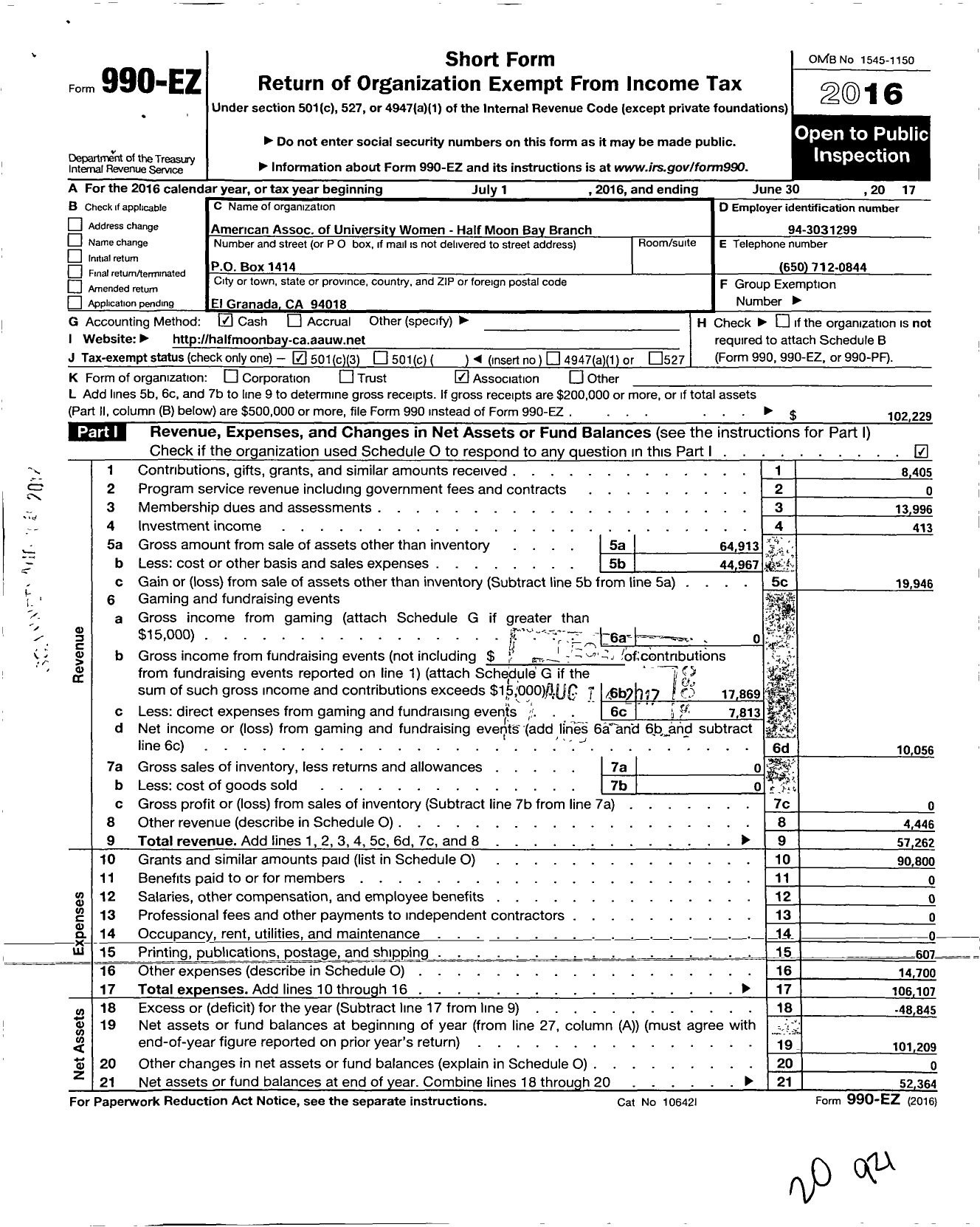 Image of first page of 2016 Form 990EZ for Half Moon Bay Branch of Aauw