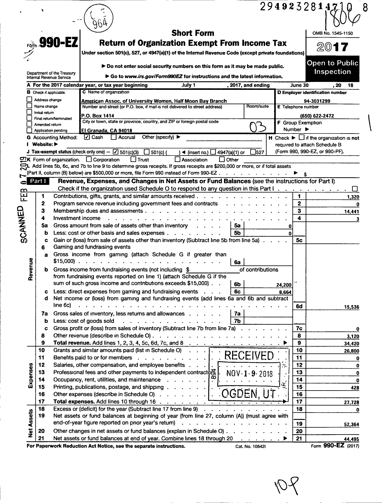 Image of first page of 2017 Form 990EZ for Half Moon Bay Branch of Aauw