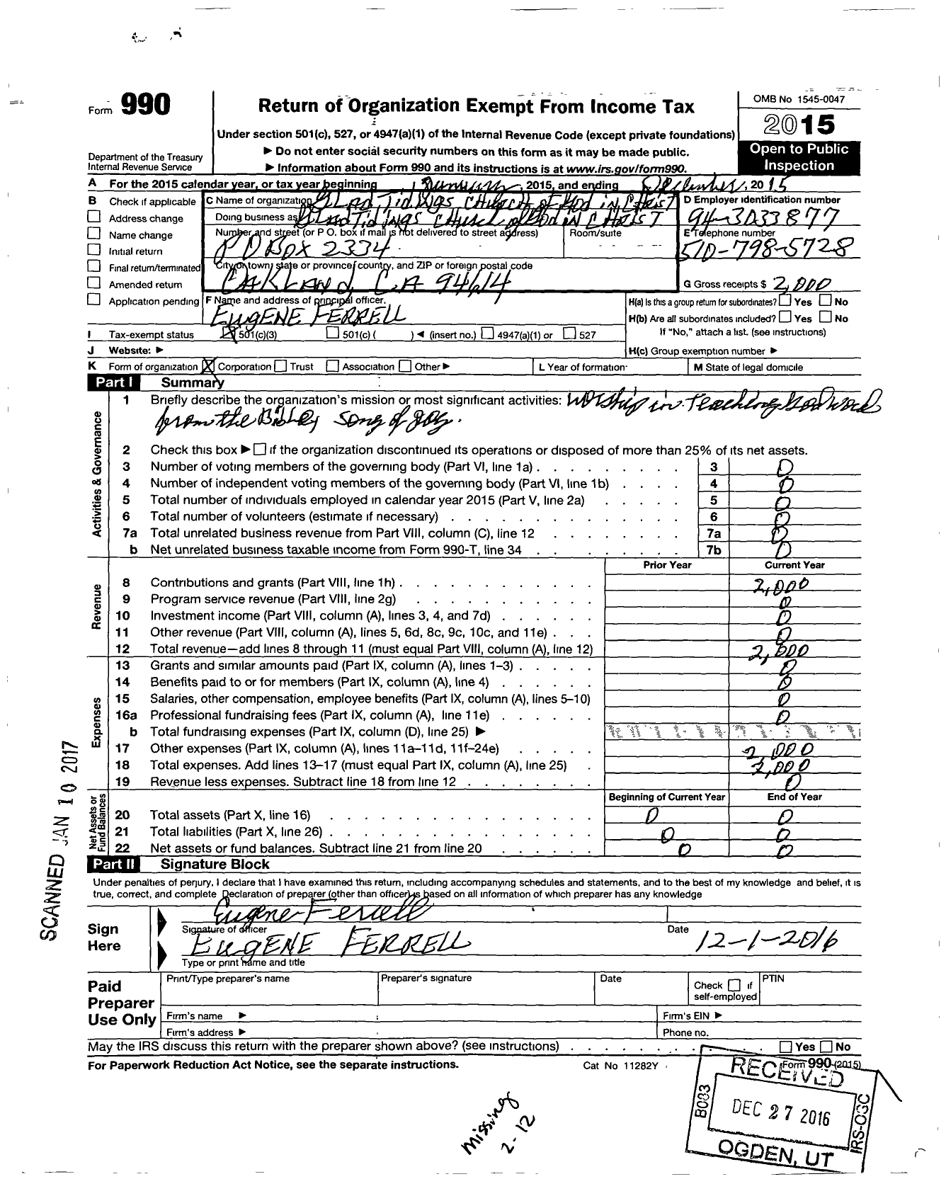 Image of first page of 2015 Form 990 for Glad Tidings Church of God in Christ Incorporated