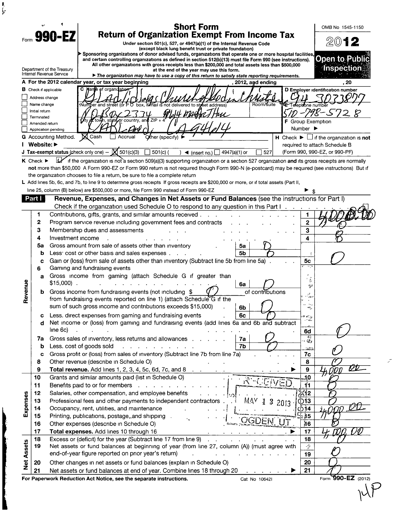 Image of first page of 2012 Form 990EZ for Glad Tidings Church of God in Christ Incorporated