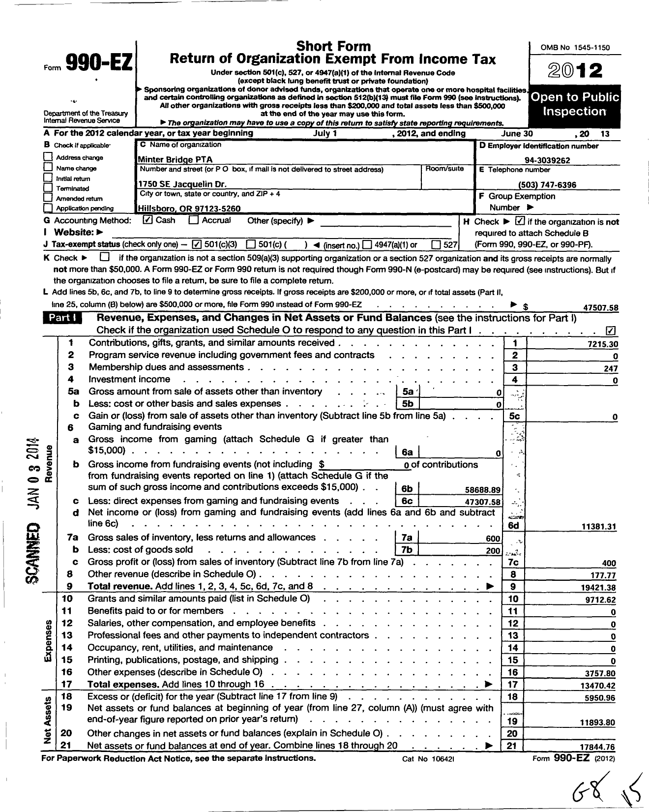 Image of first page of 2012 Form 990EZ for PTA Oregon Congress / Minter Bridge PTA