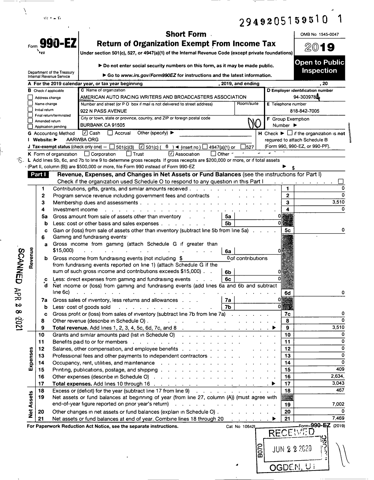 Image of first page of 2019 Form 990EO for American Auto Racing Writers and Broadcasters