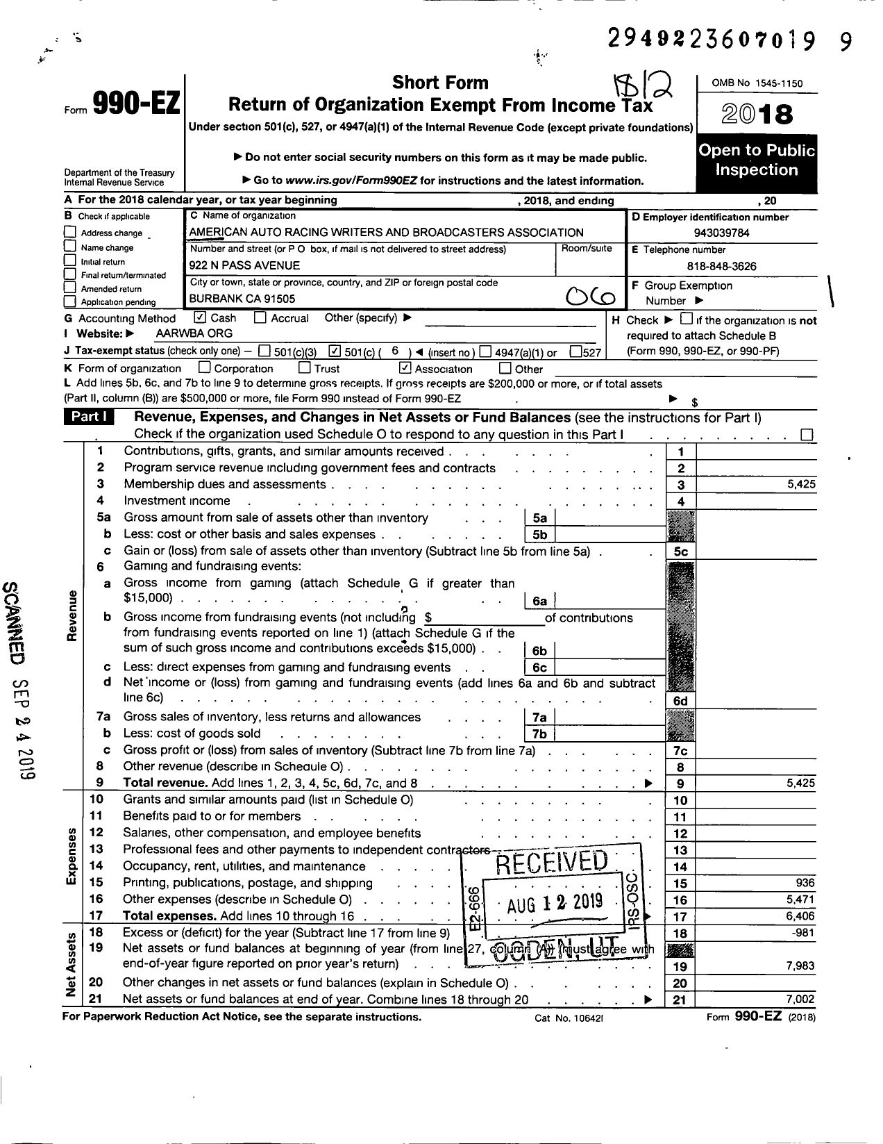 Image of first page of 2018 Form 990EO for American Auto Racing Writers and Broadcasters