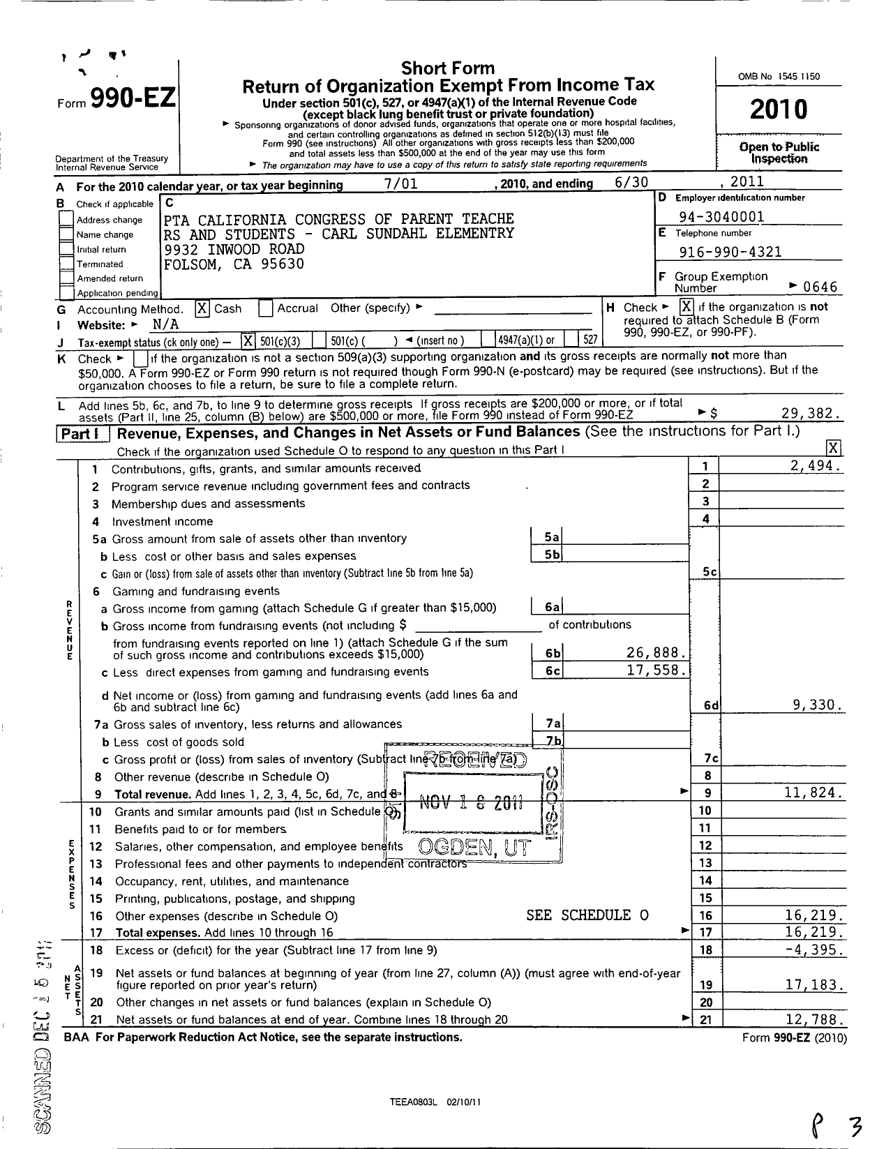 Image of first page of 2010 Form 990EZ for California State PTA - Carl Sundahl Elementary PTA