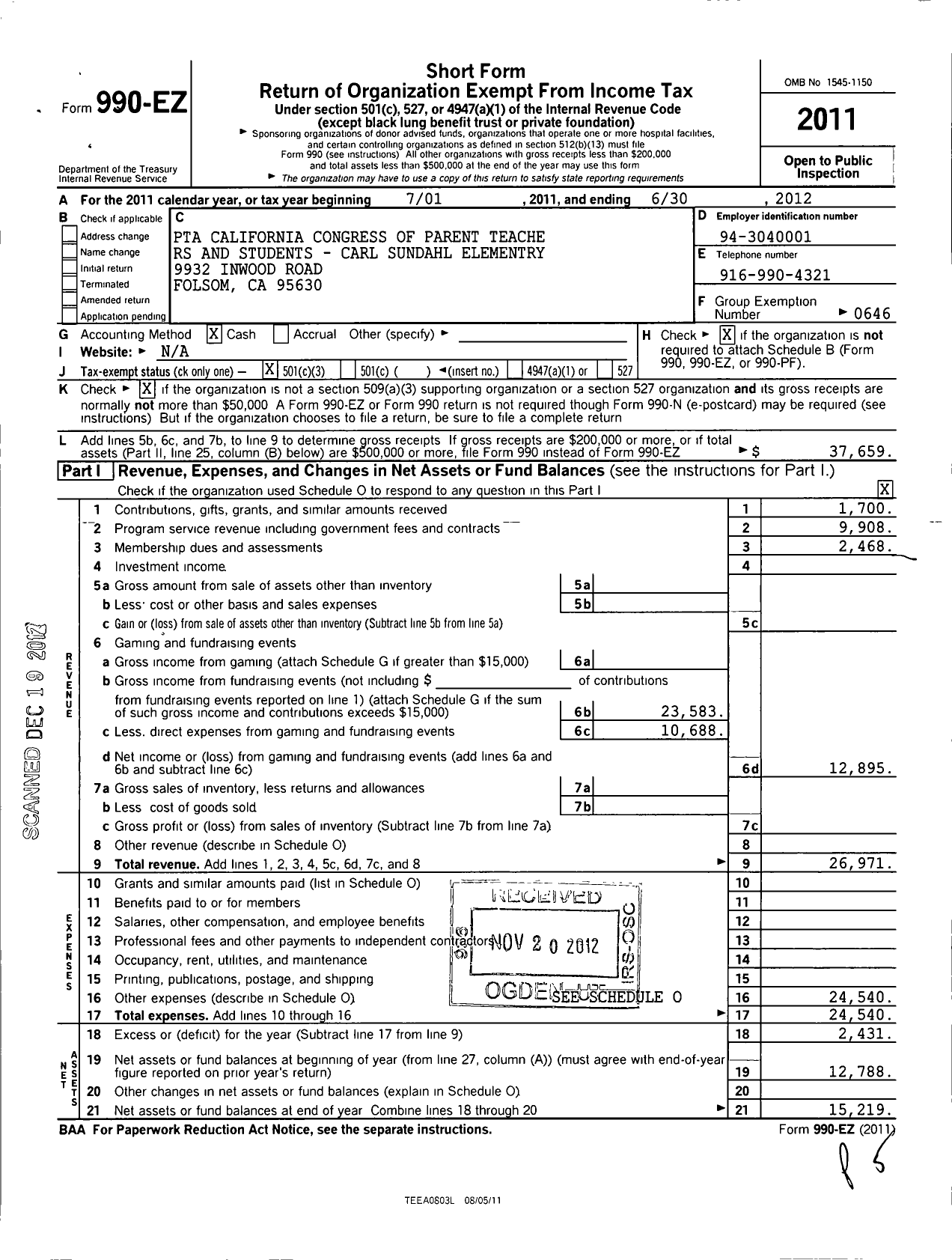 Image of first page of 2011 Form 990EZ for California State PTA - Carl Sundahl Elementary PTA