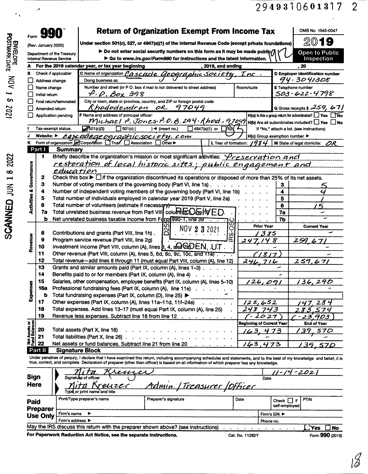 Image of first page of 2019 Form 990 for Cascade Geographic Society