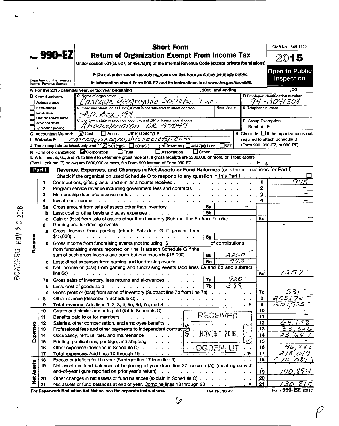 Image of first page of 2015 Form 990EZ for Cascade Geographic Society