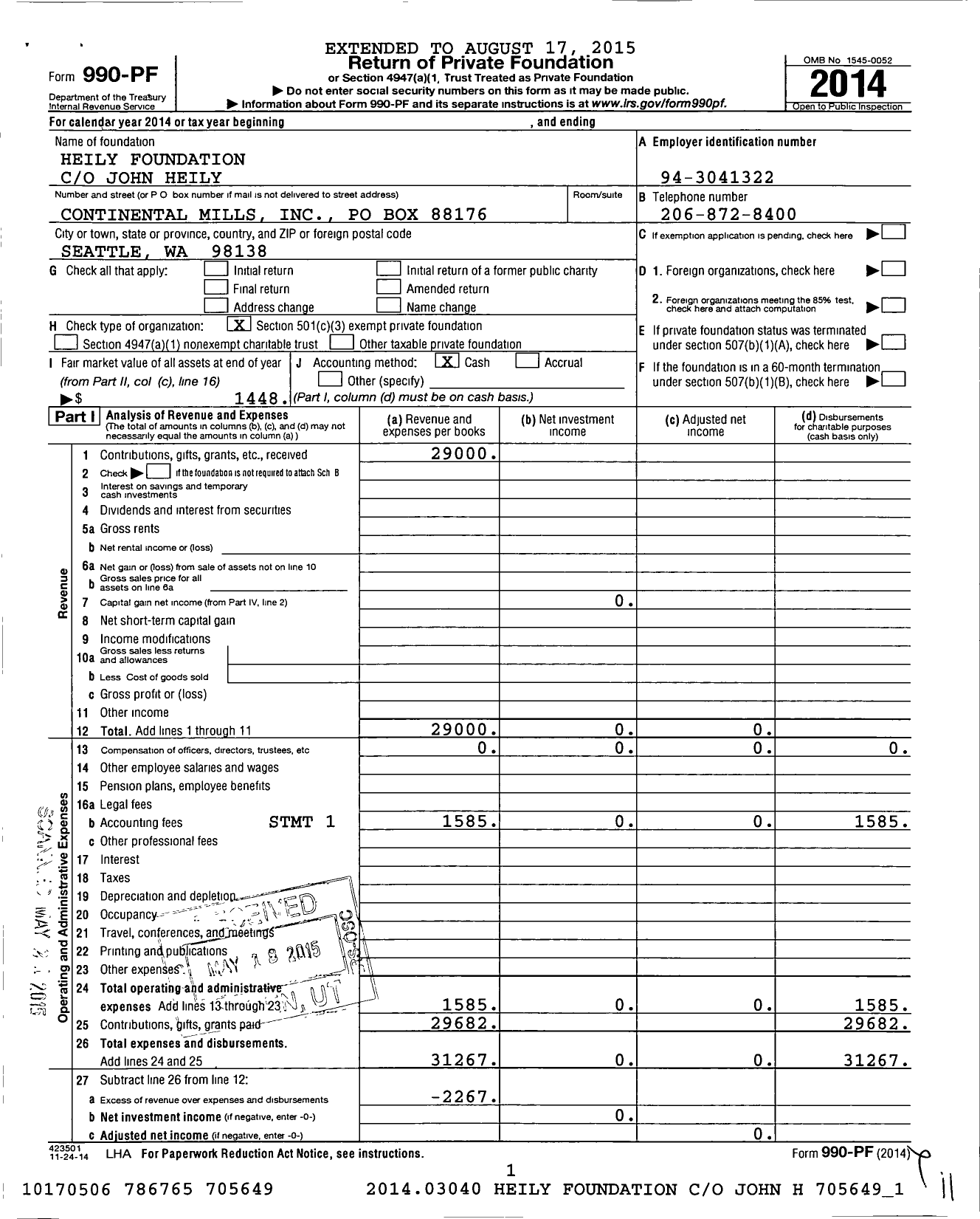 Image of first page of 2014 Form 990PF for Heily Foundation