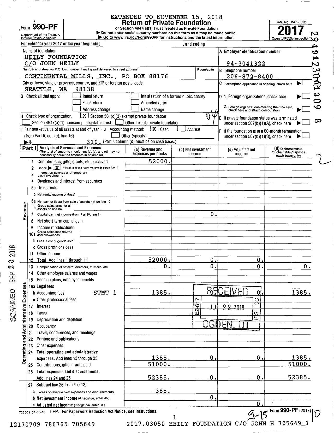 Image of first page of 2017 Form 990PF for Heily Foundation