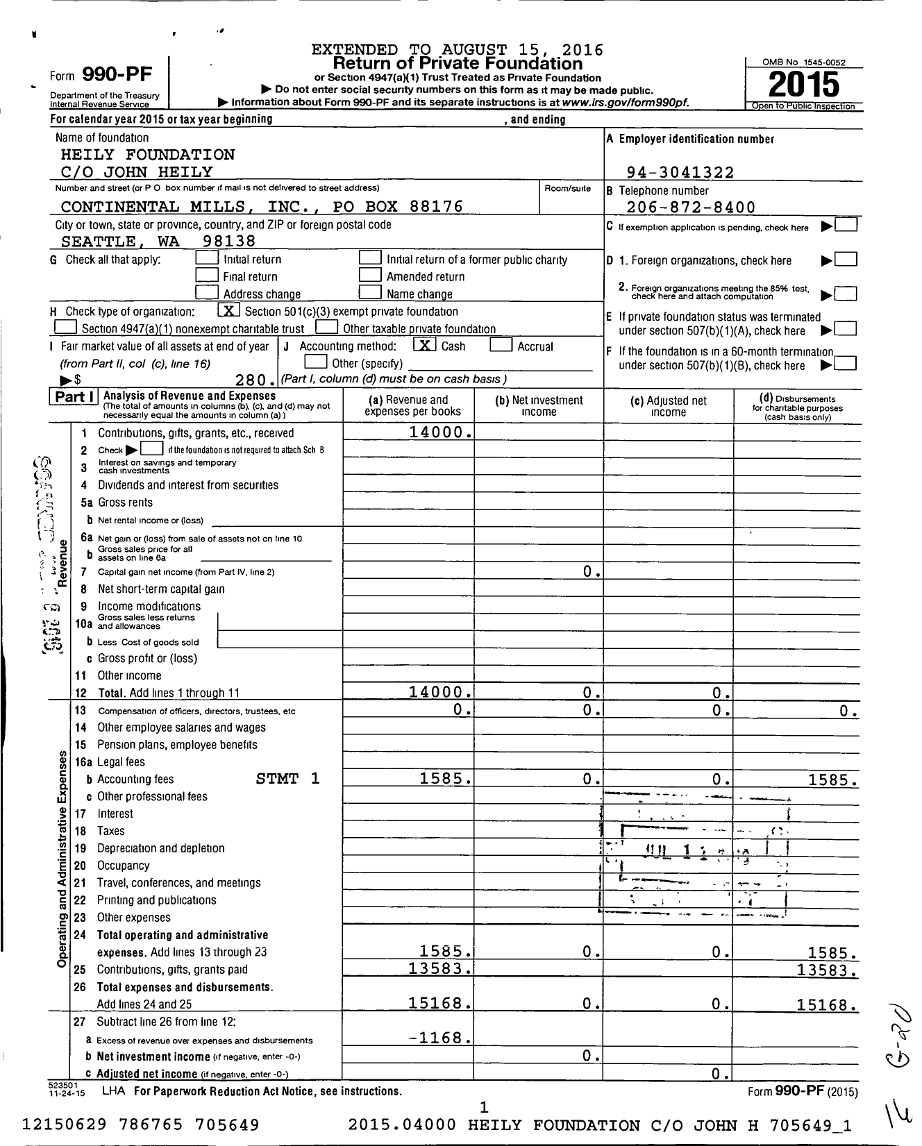 Image of first page of 2015 Form 990PF for Heily Foundation