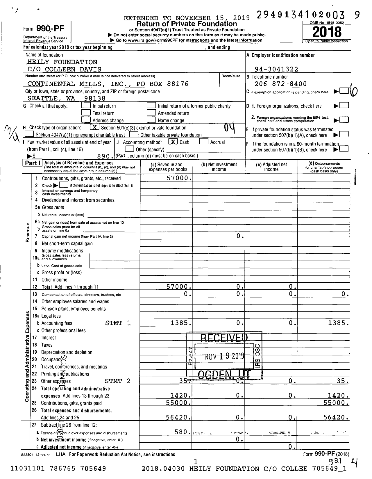 Image of first page of 2018 Form 990PF for Heily Foundation