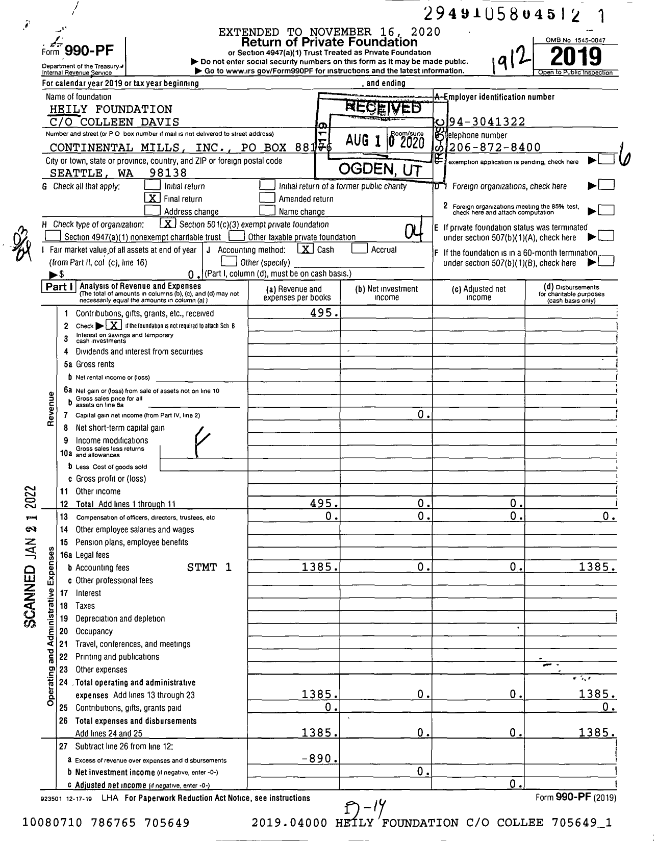 Image of first page of 2019 Form 990PF for Heily Foundation