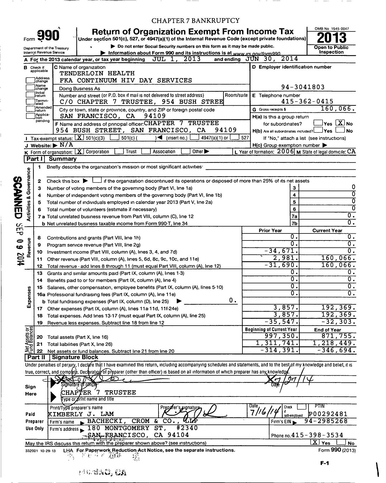 Image of first page of 2013 Form 990 for Tenderloin Health