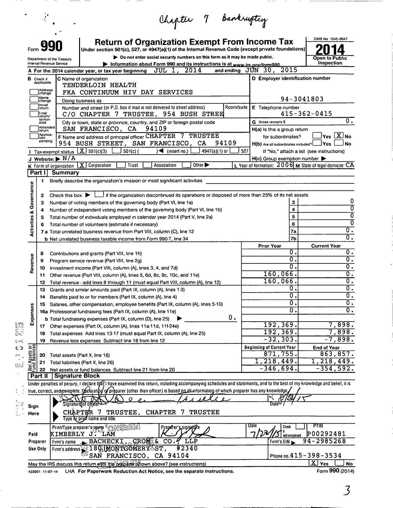 Image of first page of 2014 Form 990 for Tenderloin Health