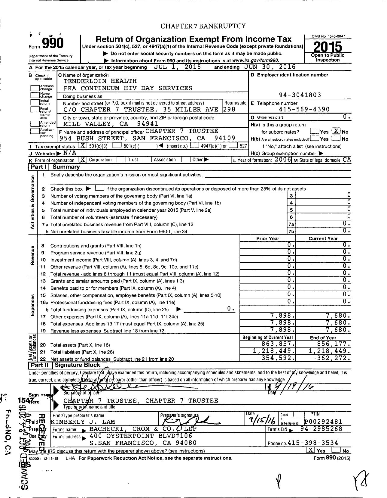 Image of first page of 2015 Form 990 for Tenderloin Health