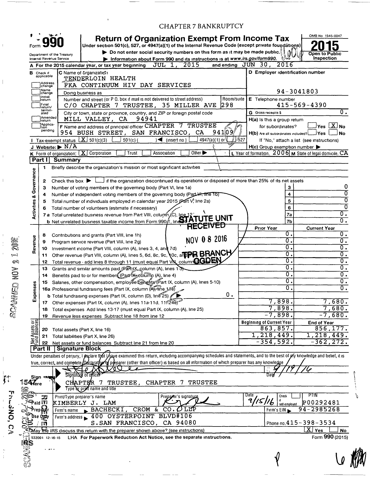 Image of first page of 2015 Form 990 for Tenderloin Health