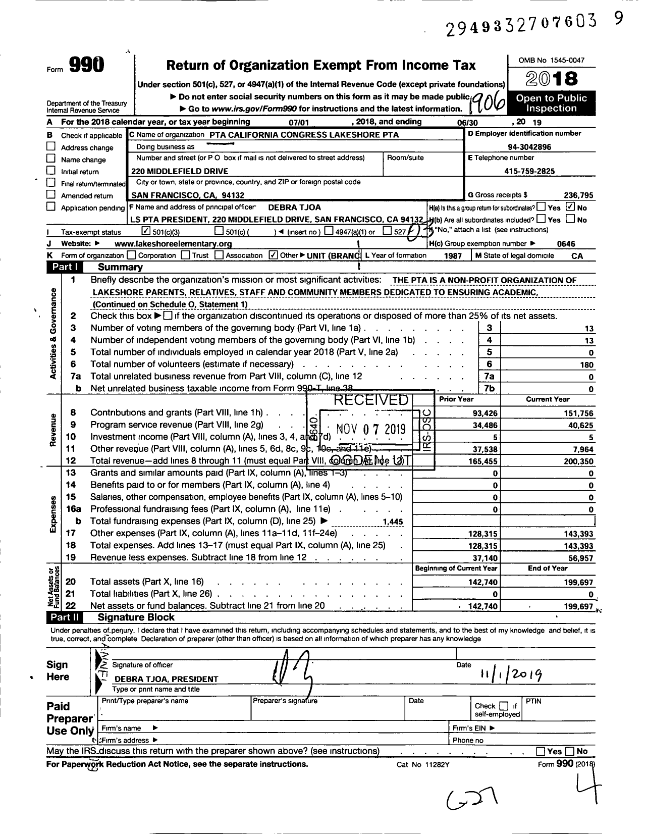 Image of first page of 2018 Form 990 for California State PTA - Lakeshore Elementary PTA