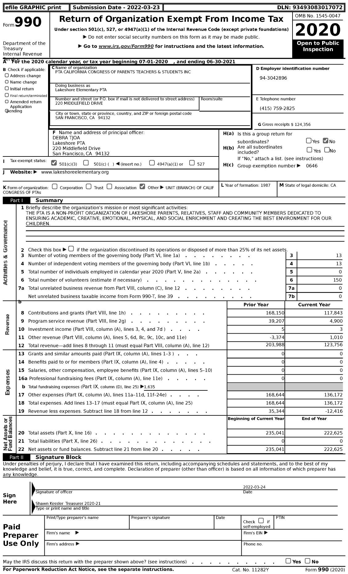 Image of first page of 2020 Form 990 for California State PTA - Lakeshore Elementary PTA