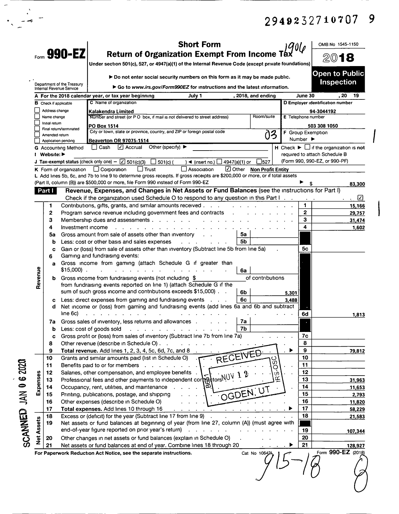 Image of first page of 2018 Form 990EZ for Kalakendra Limited