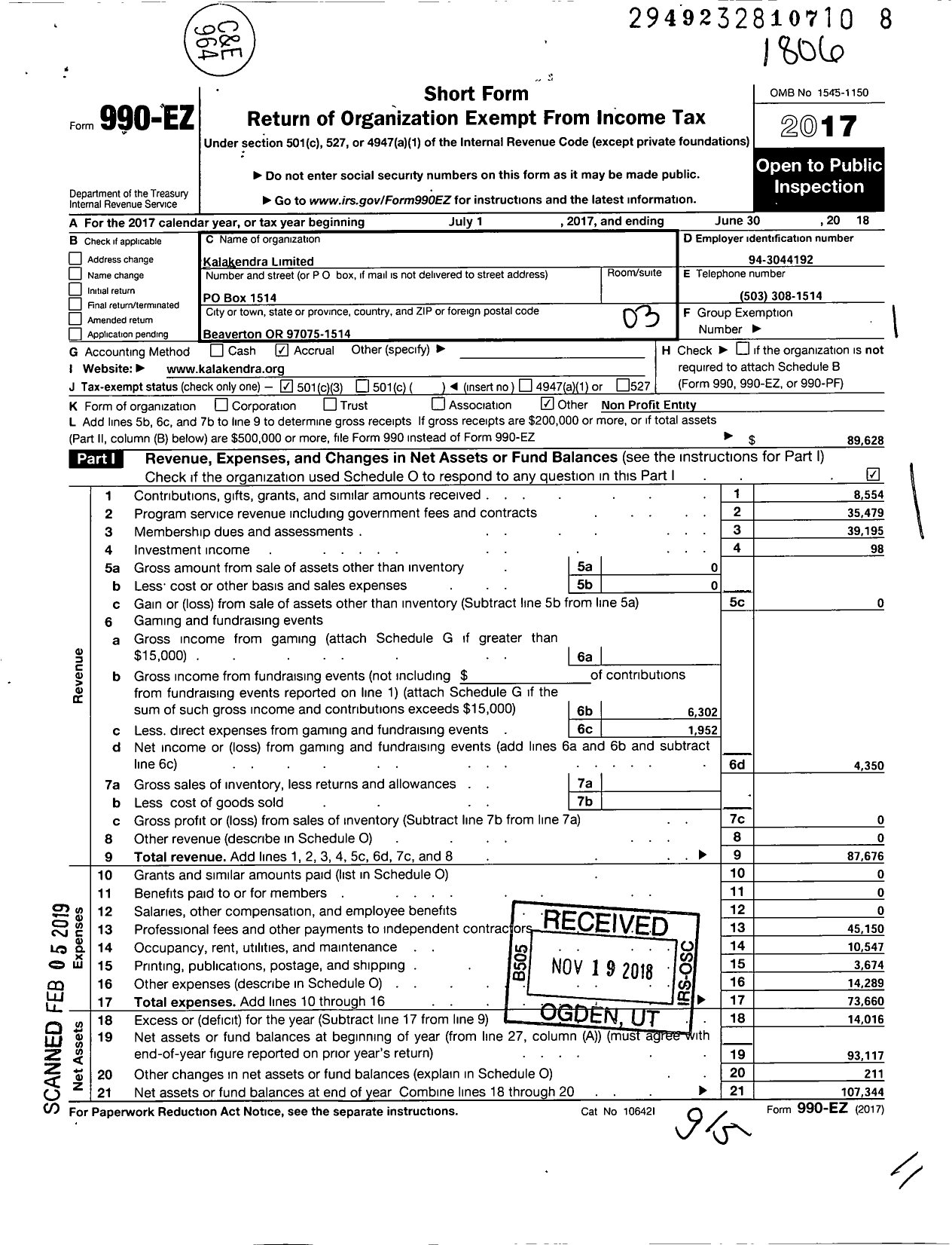 Image of first page of 2017 Form 990EZ for Kalakendra Limited