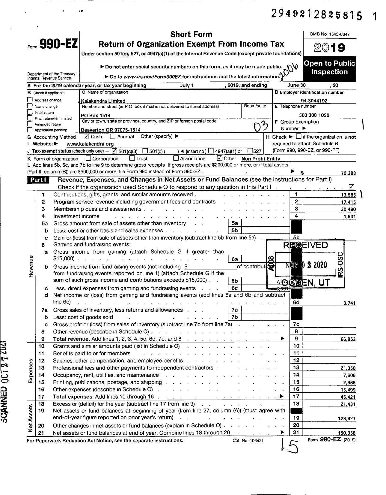 Image of first page of 2019 Form 990EZ for Kalakendra Limited