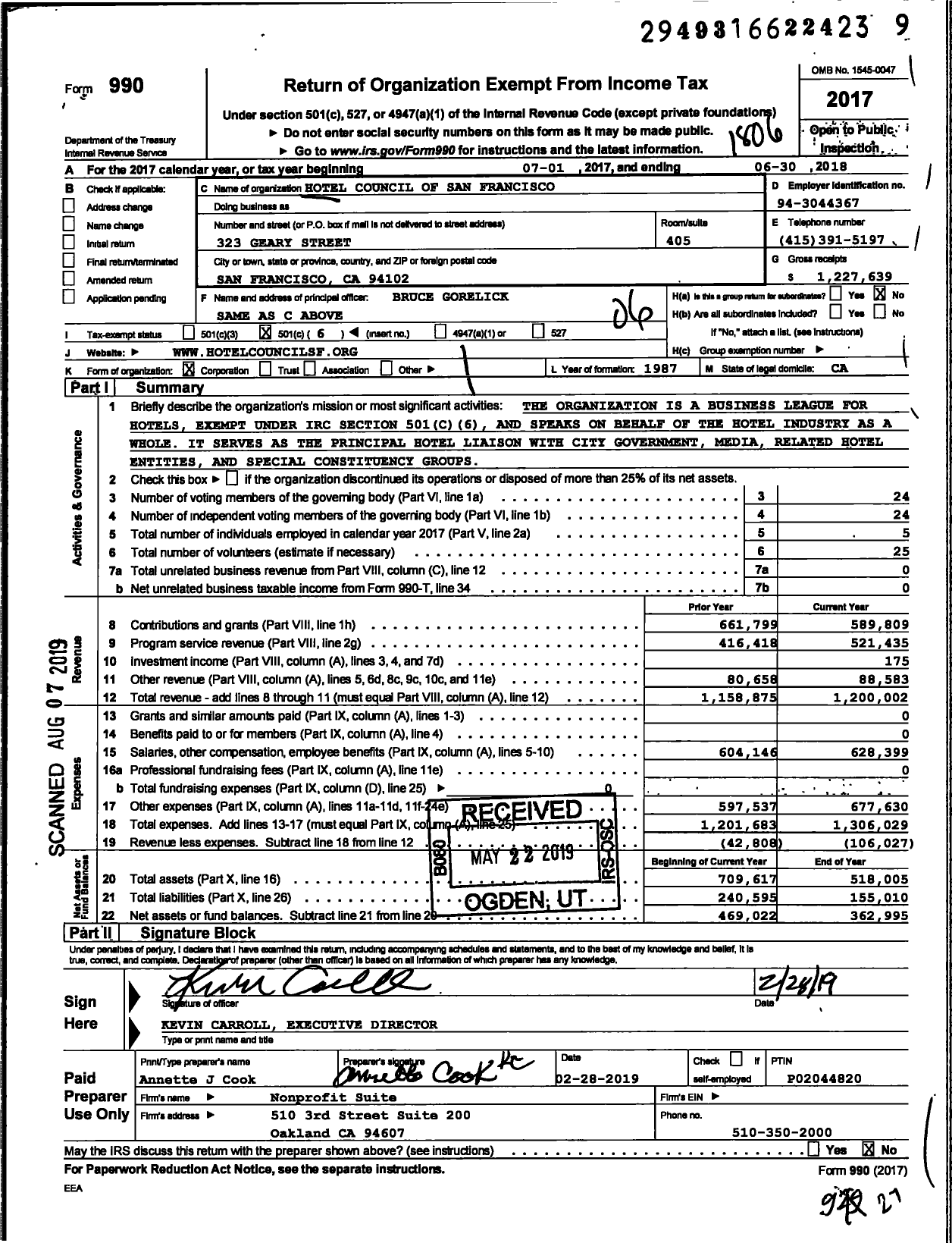 Image of first page of 2017 Form 990O for Hotel Council of San Francisco