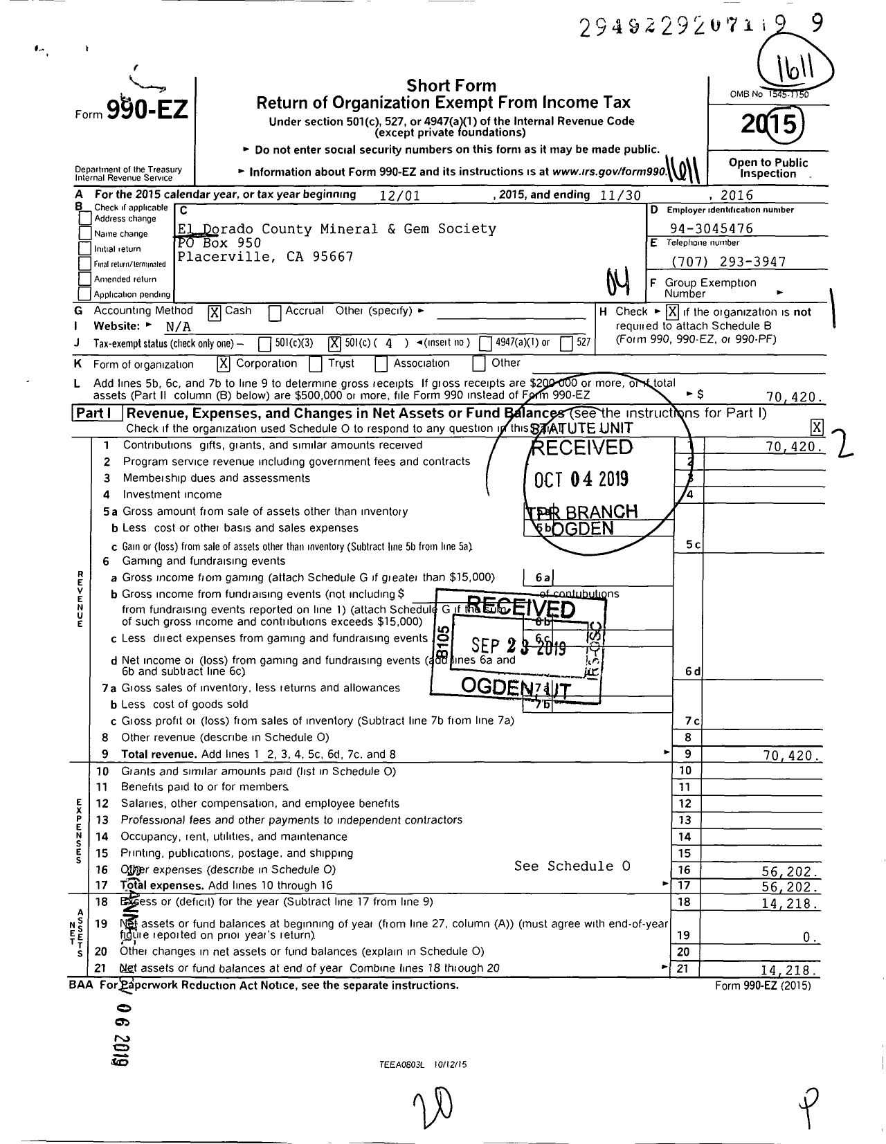 Image of first page of 2015 Form 990EO for El Dorado County Mineral and Gem Society