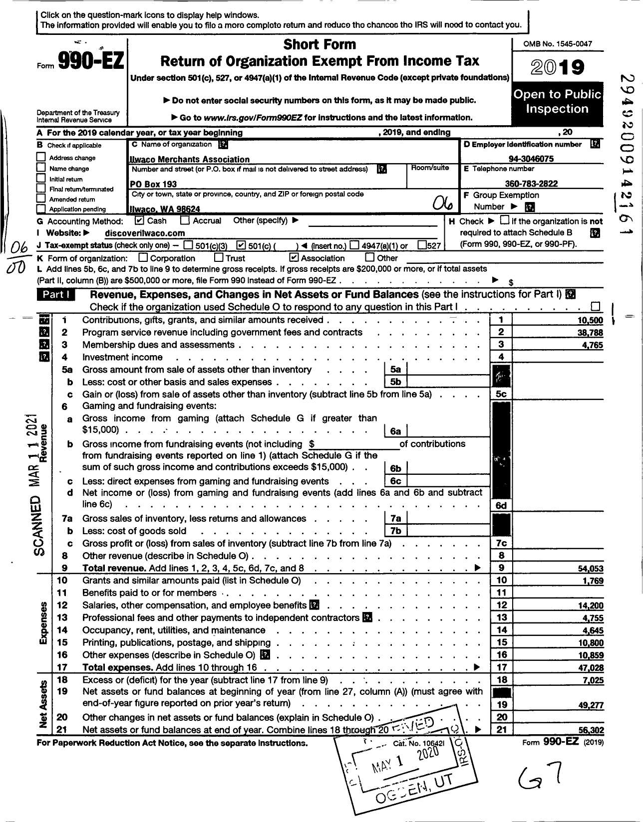 Image of first page of 2019 Form 990EO for Ilwaco Merchants Association