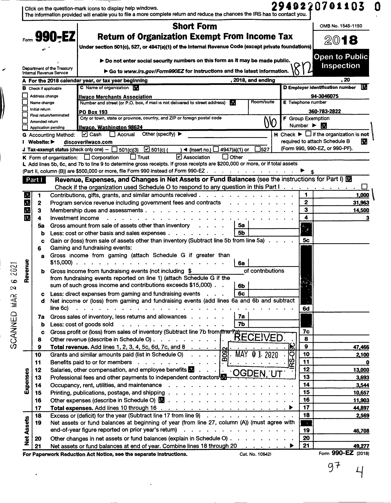 Image of first page of 2018 Form 990EO for Ilwaco Merchants Association