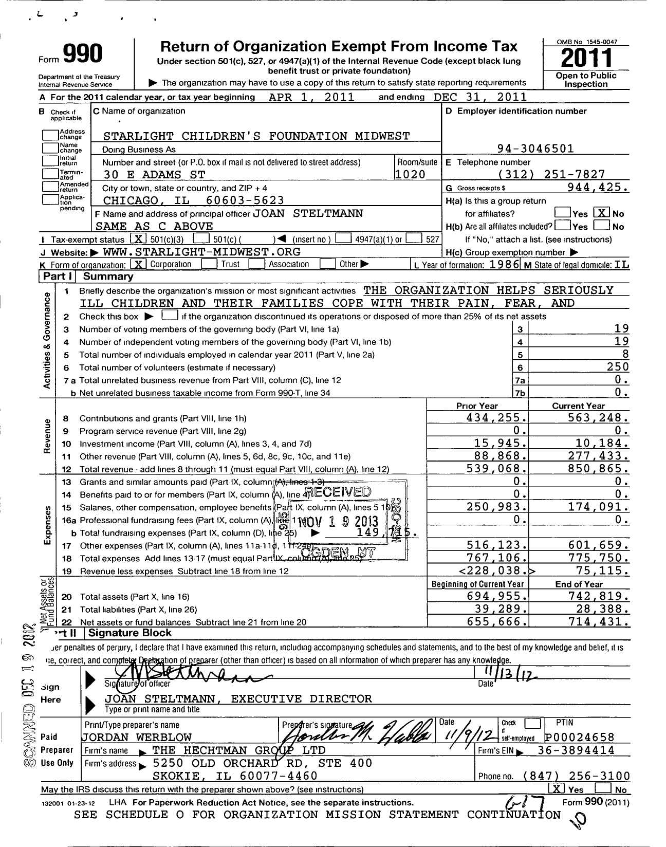 Image of first page of 2011 Form 990 for Starlight Childrens Foundation Midwest