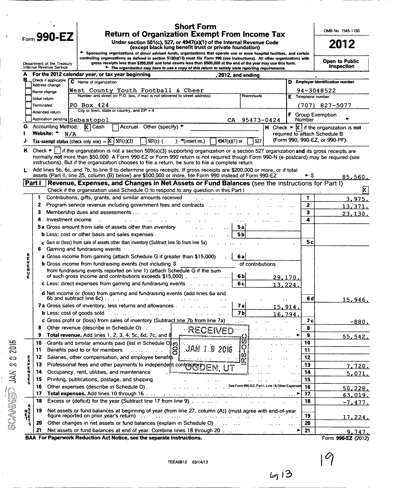 Image of first page of 2012 Form 990EZ for West County Youth Football & Cheer