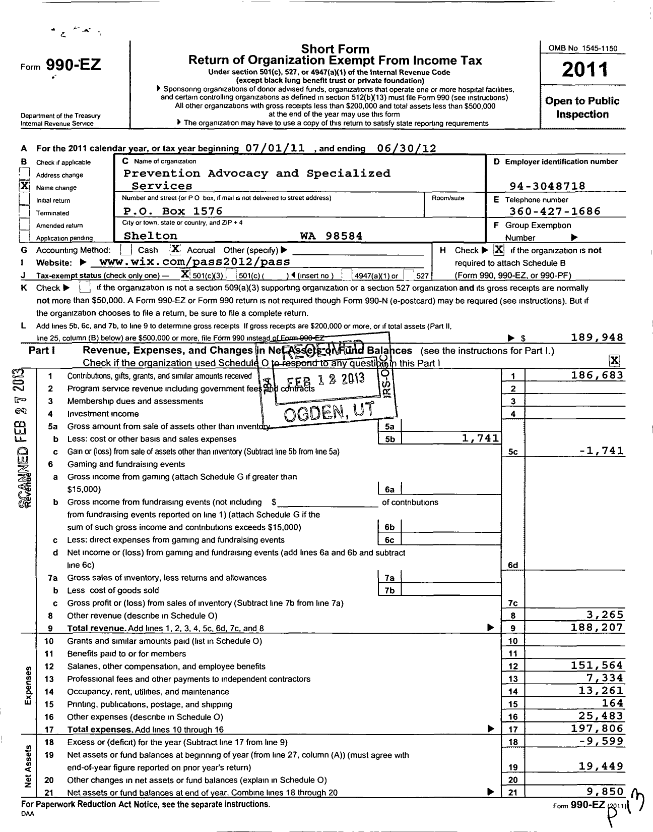 Image of first page of 2011 Form 990EZ for Prevention Advocacy and Specialized Services