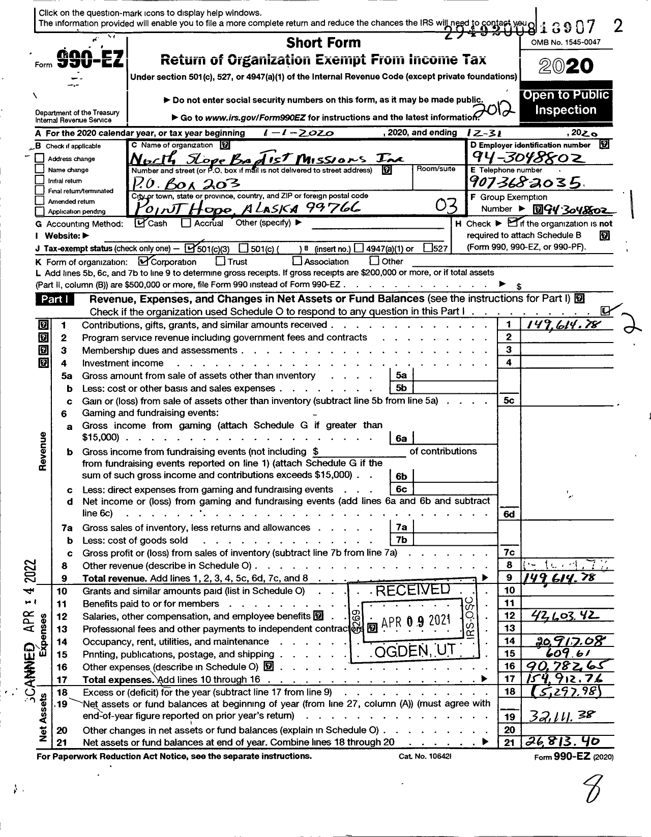 Image of first page of 2020 Form 990EZ for North Slope Baptist Missions