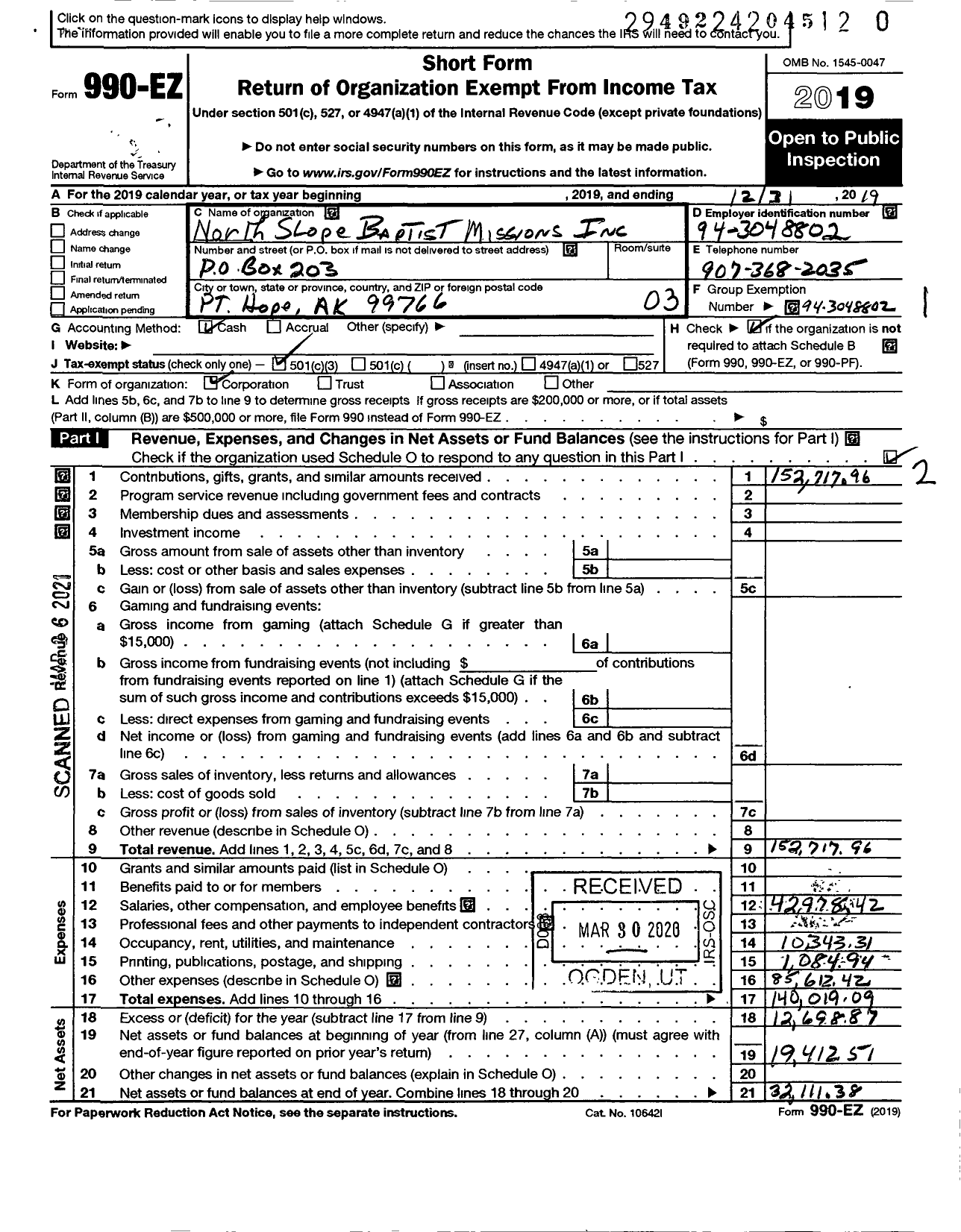 Image of first page of 2019 Form 990EZ for North Slope Baptist Missions