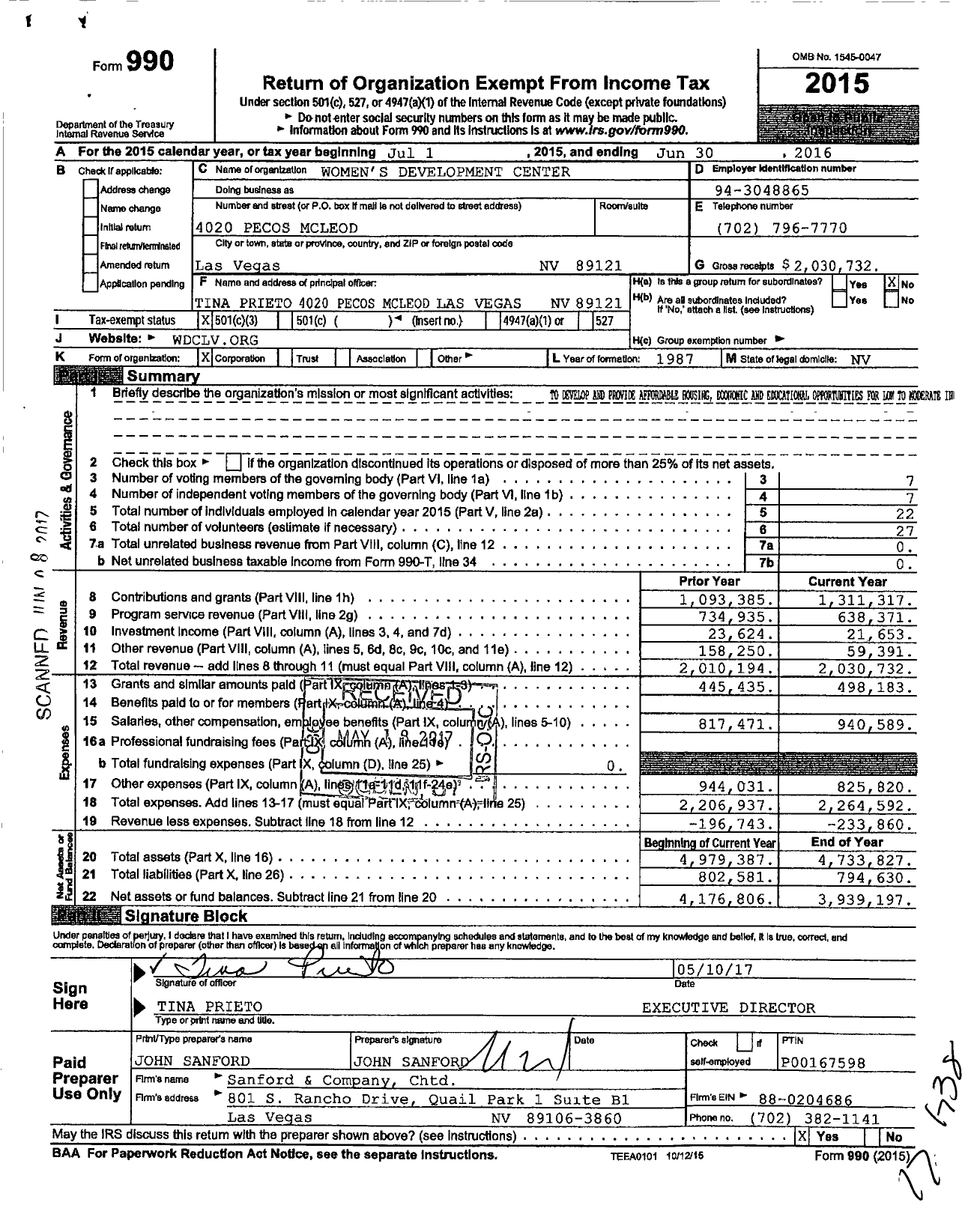 Image of first page of 2015 Form 990 for Womens S Development Center