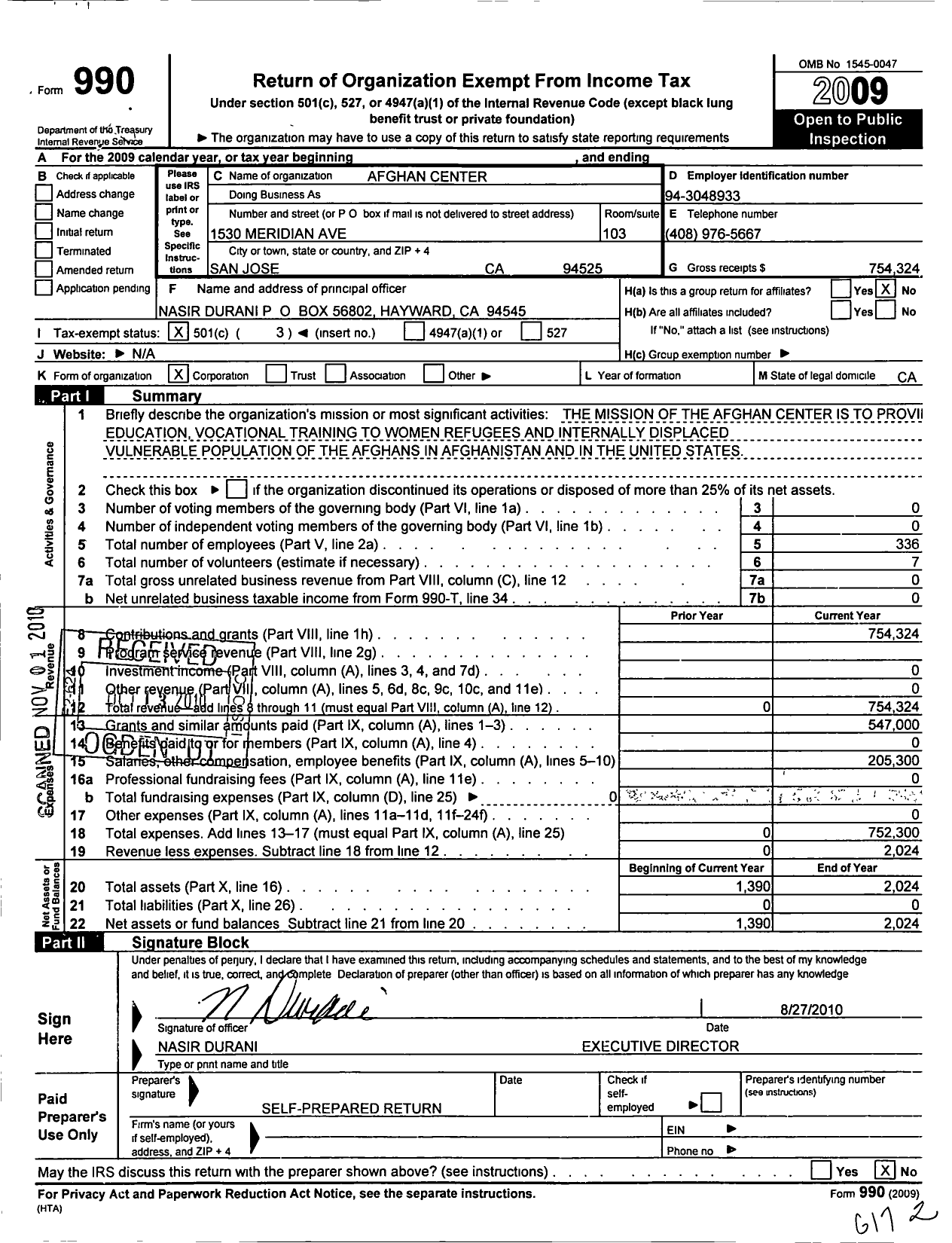 Image of first page of 2009 Form 990 for Afghan Center