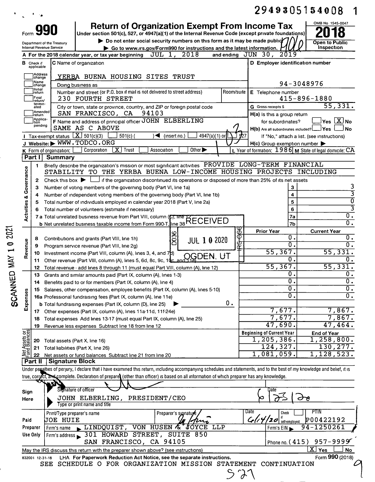 Image of first page of 2018 Form 990 for Yerba Buena Housing Sites Trust