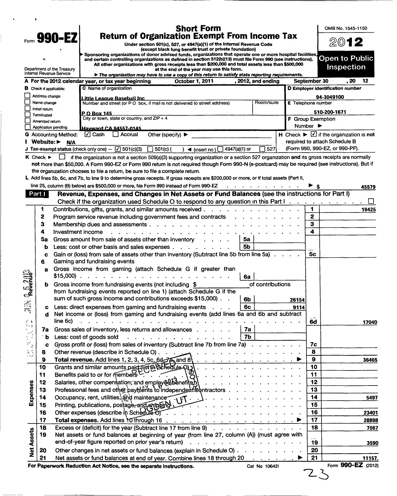 Image of first page of 2011 Form 990EZ for Little League Baseball - Mount Eden Little League