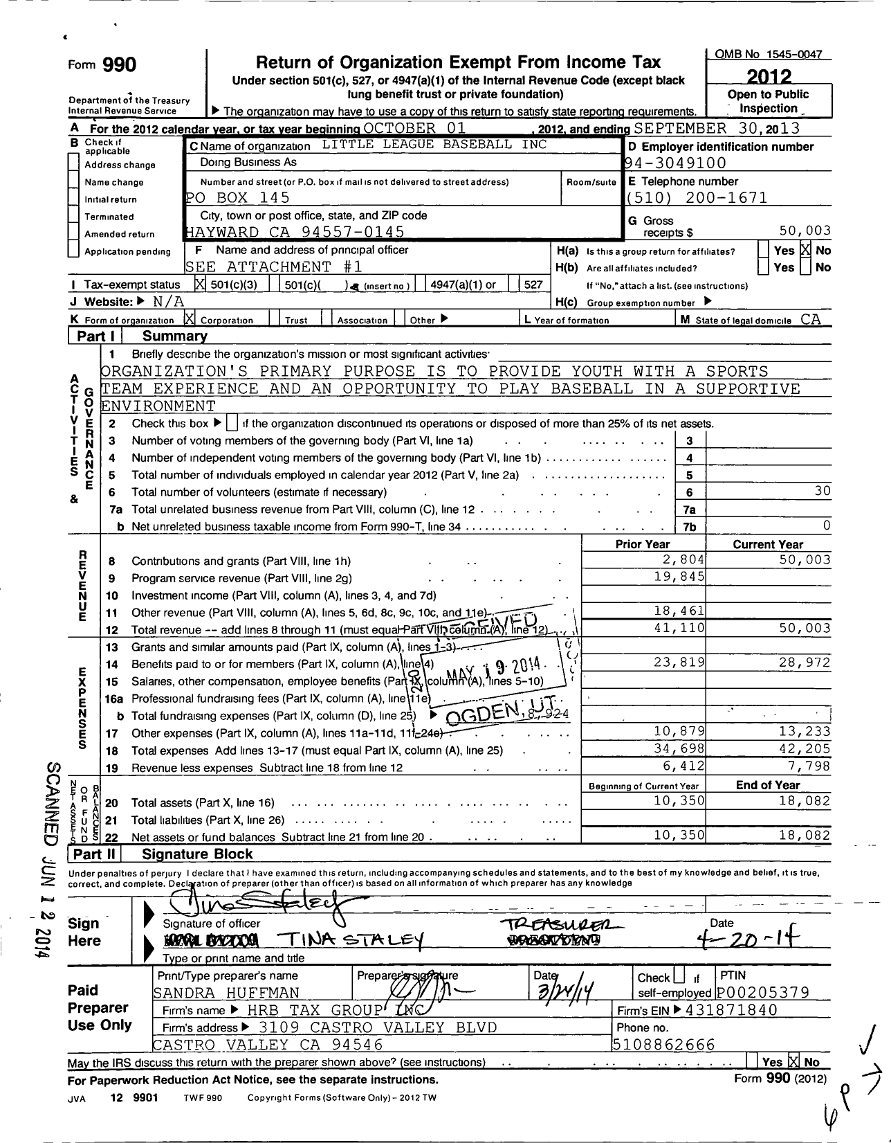 Image of first page of 2012 Form 990 for Little League Baseball - Mount Eden Little League