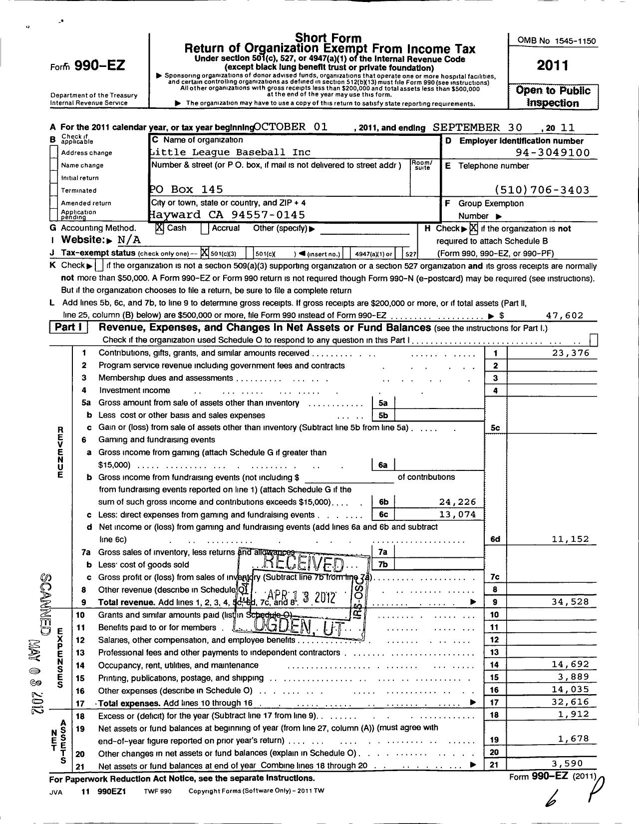 Image of first page of 2010 Form 990EZ for Little League Baseball - Mount Eden Little League