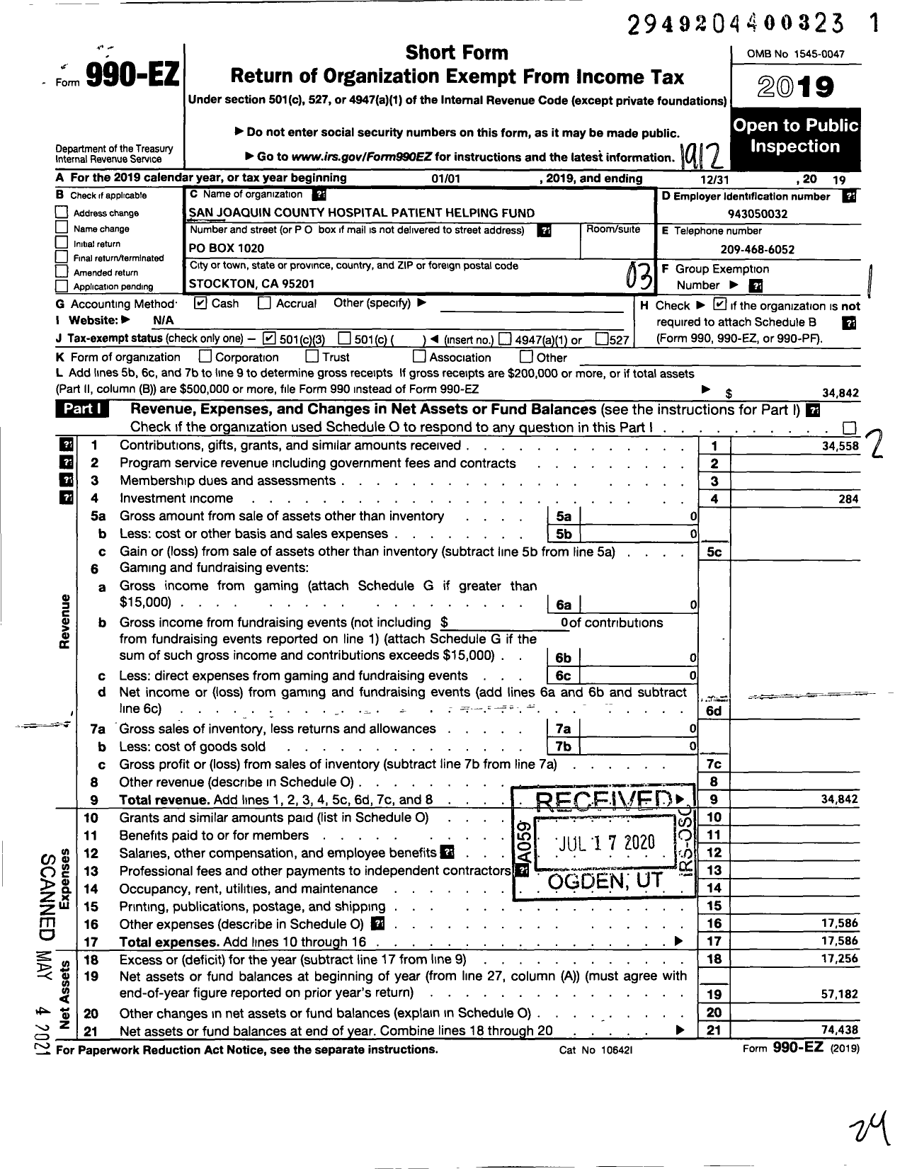 Image of first page of 2019 Form 990EZ for San Joaquin General Hospital Patient Helping Fund