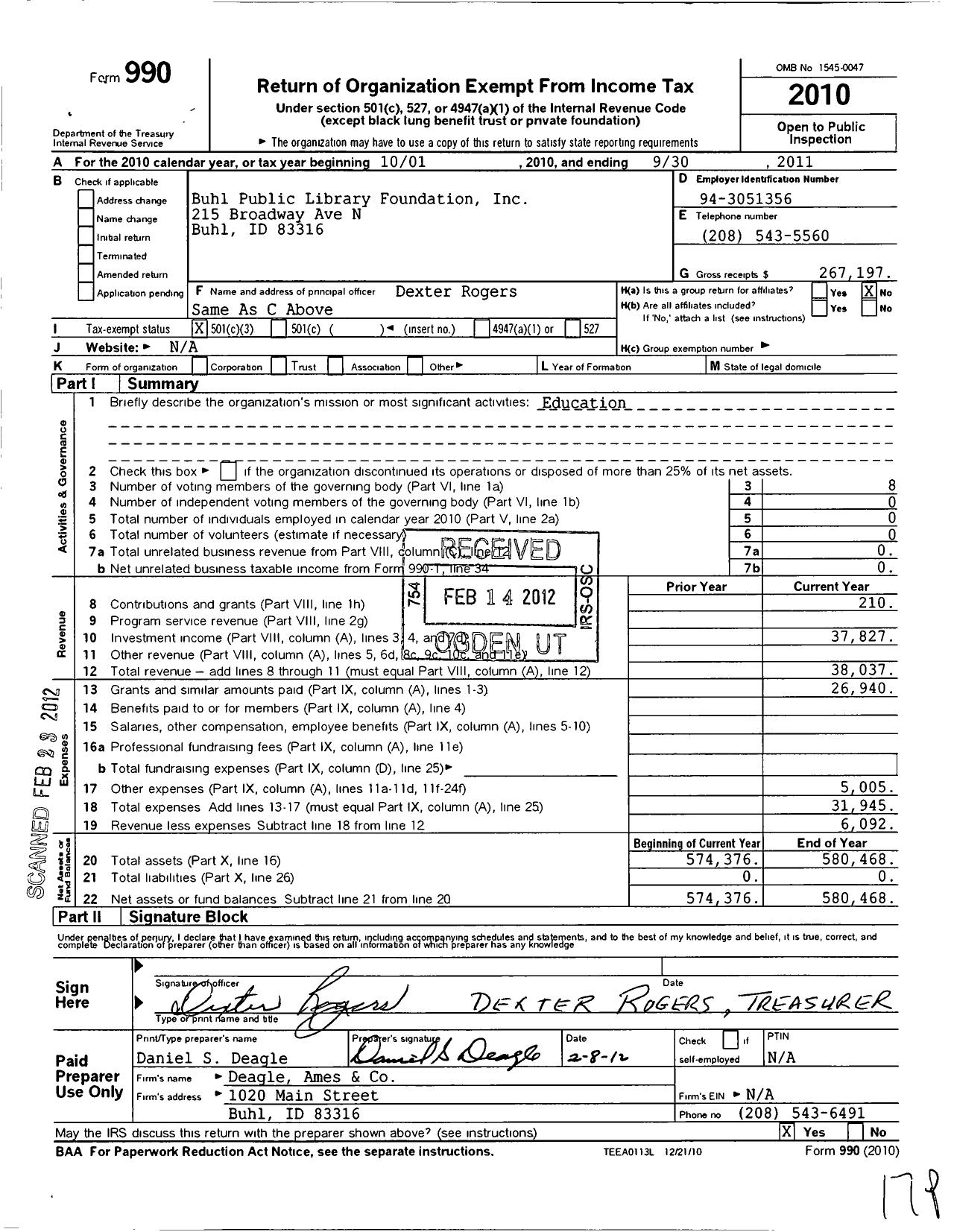 Image of first page of 2010 Form 990 for Buhl Public Library Foundation