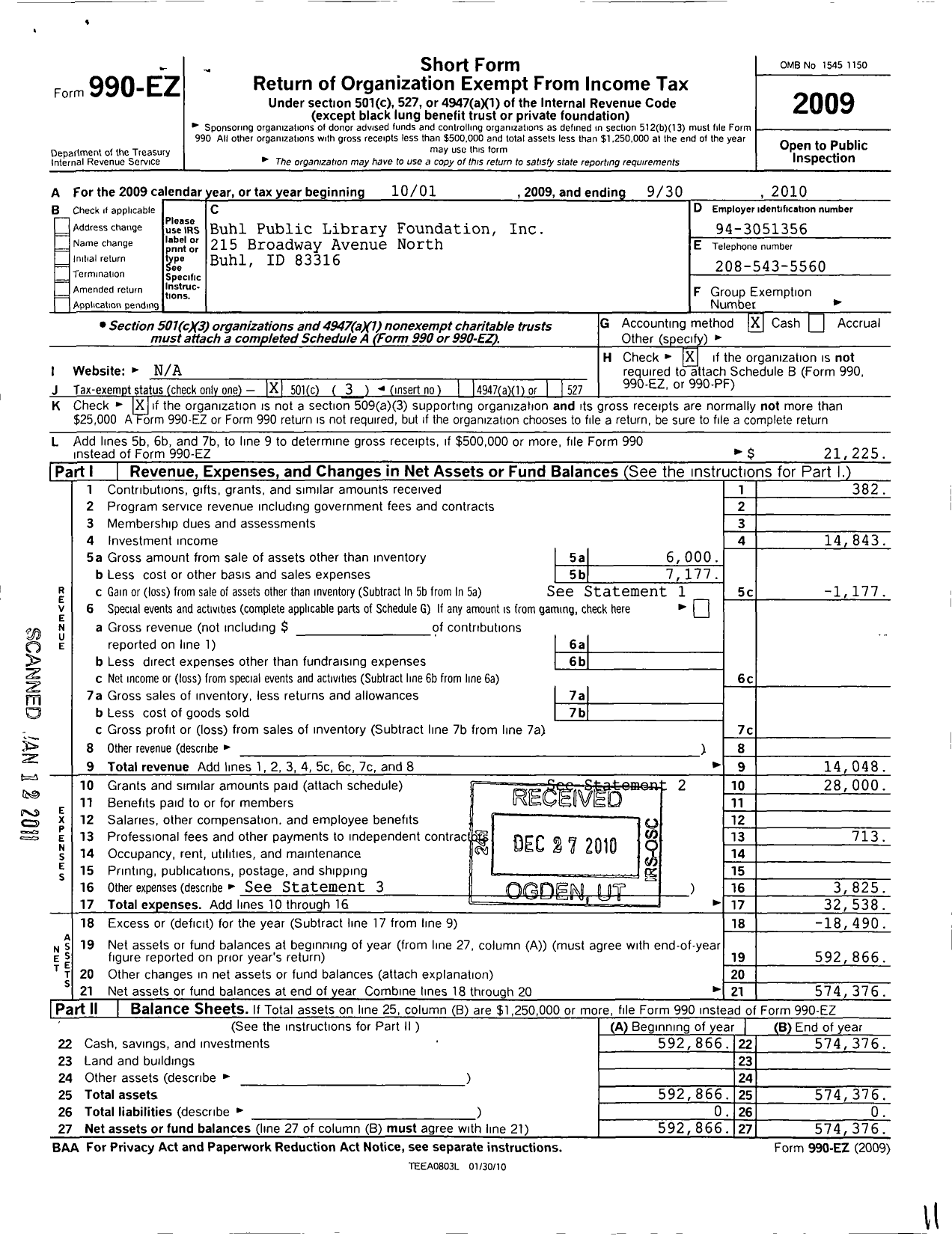Image of first page of 2009 Form 990EZ for Buhl Public Library Foundation