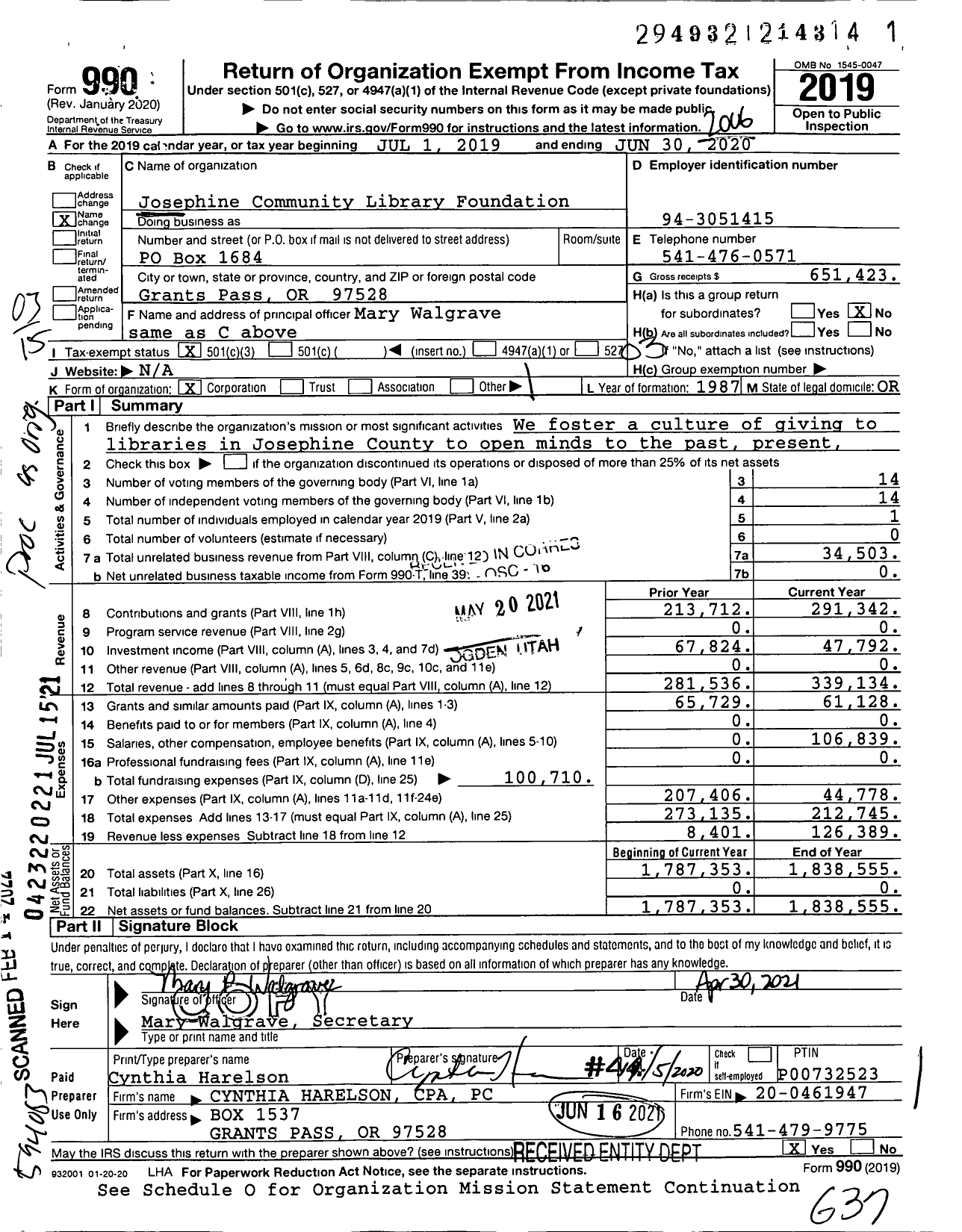 Image of first page of 2019 Form 990 for Josephine Community Library Foundation