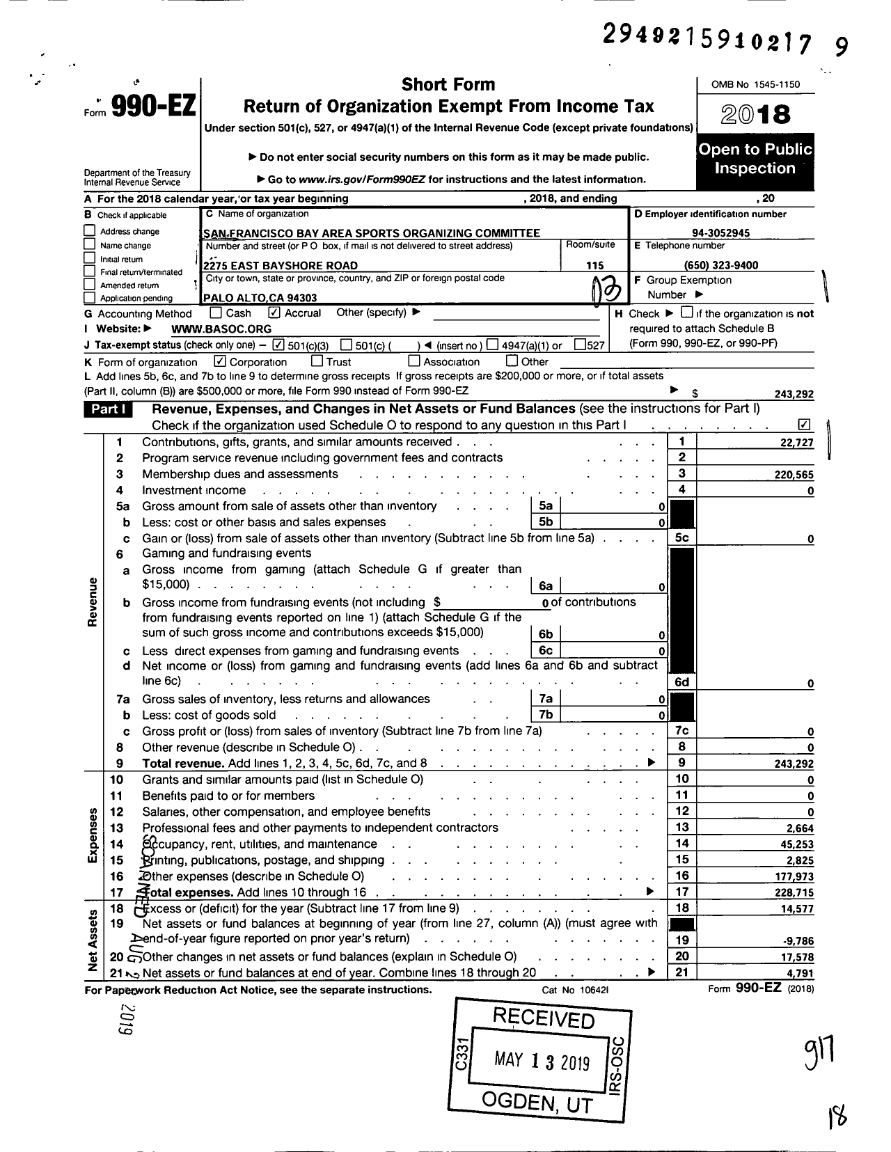 Image of first page of 2018 Form 990EZ for Basoc