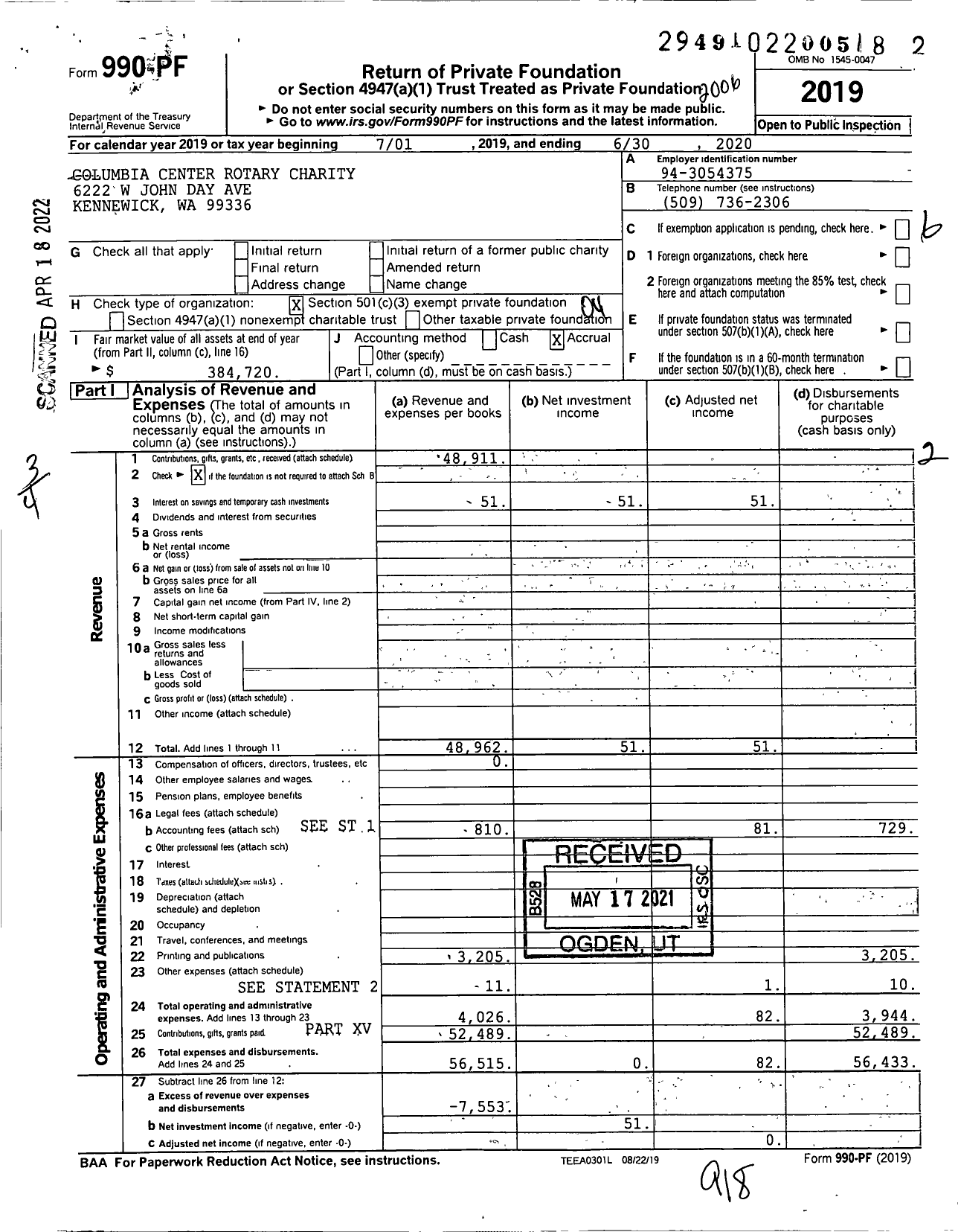 Image of first page of 2019 Form 990PF for Columbia Center Rotary Charity