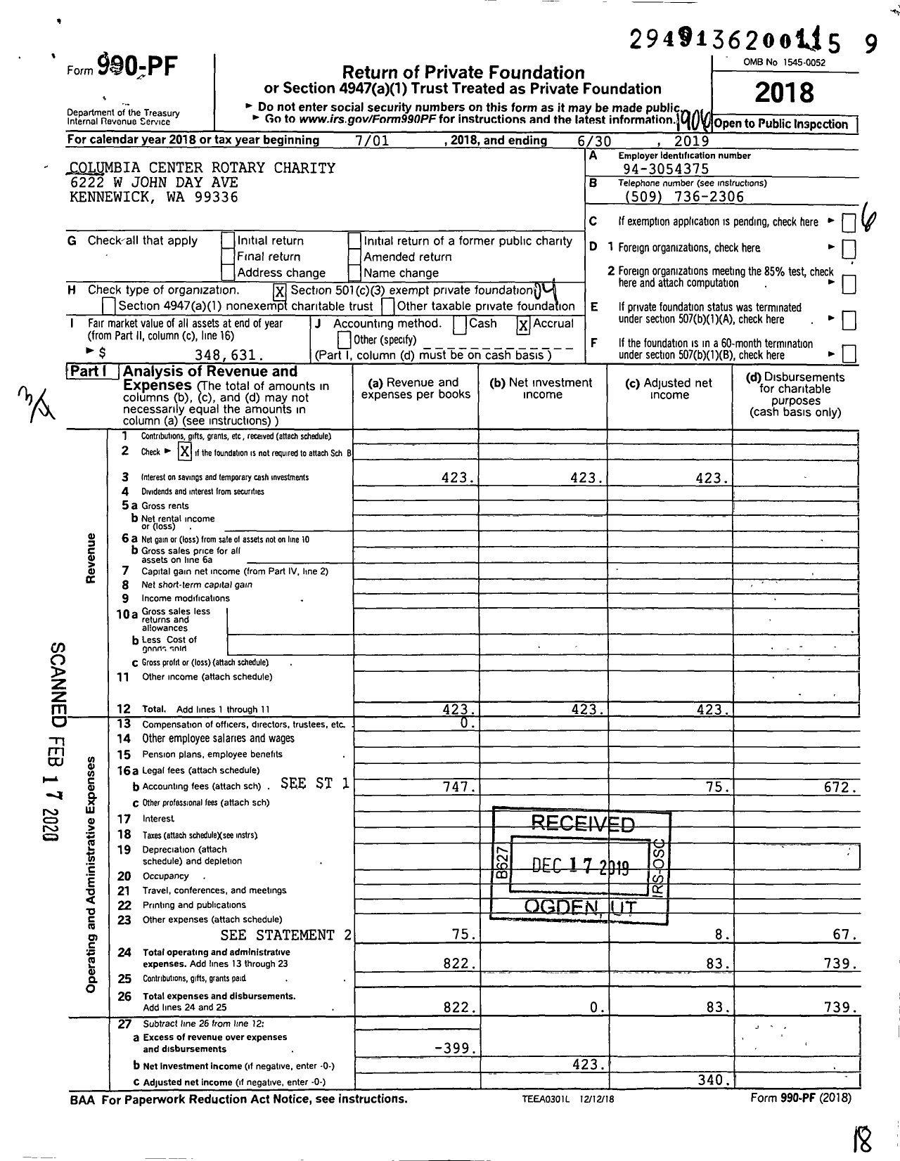 Image of first page of 2018 Form 990PF for Columbia Center Rotary Charity