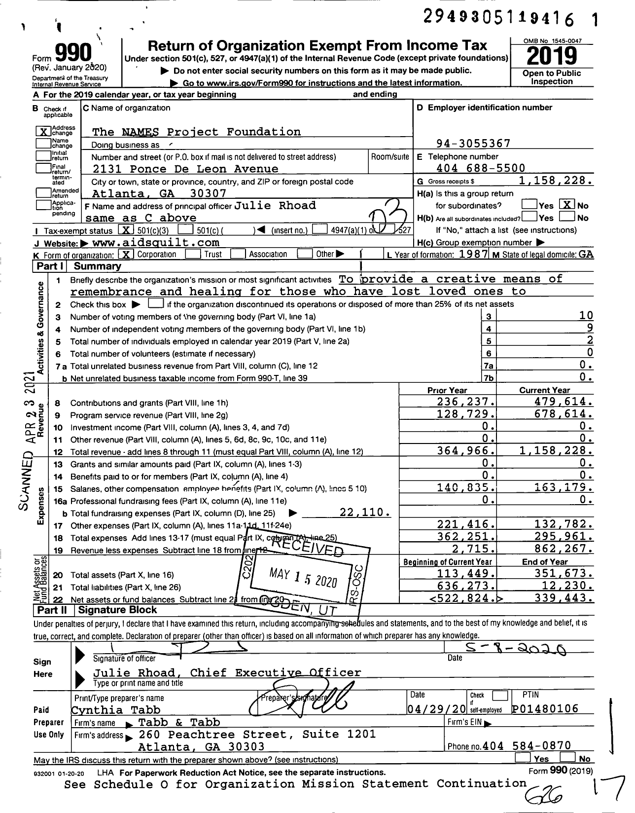 Image of first page of 2019 Form 990 for The NAMES Project Foundation